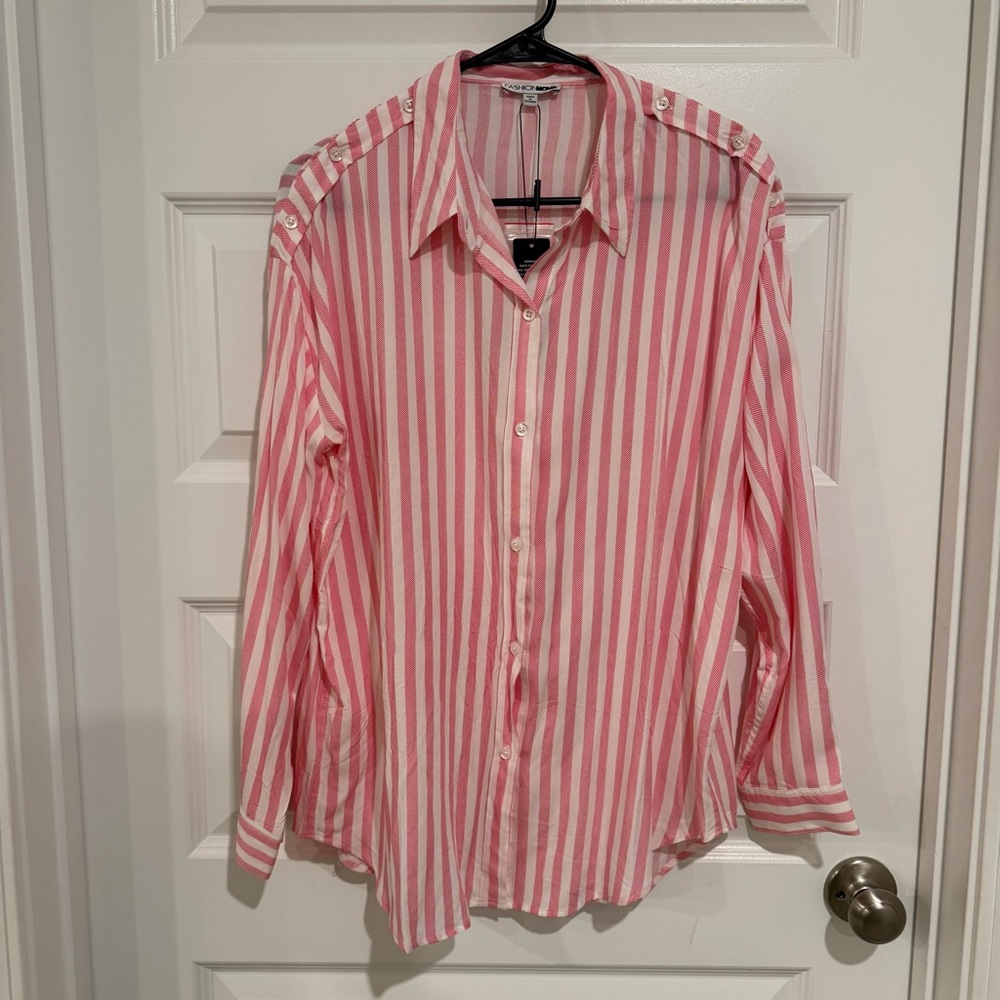 Fashion Nova Pink and White Pinstriped Button Down Blouse